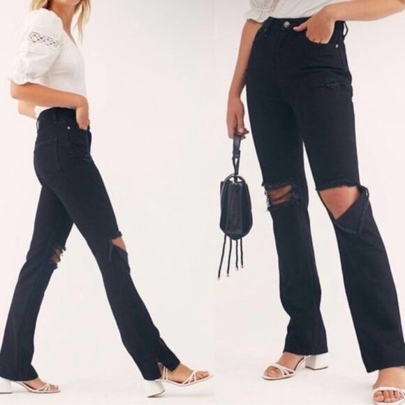 Free People Black My Own Lane Distressed High Rise Straight Leg Jeans Size 26 - Picture 1 of 16